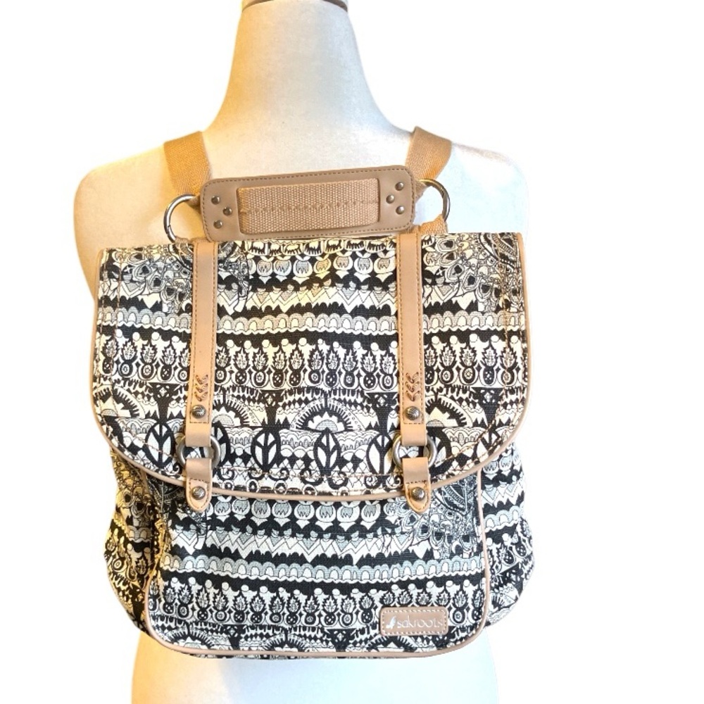 Sakroots Artist Circle Convertible Backpack Bag - Black & Cream Print Tan Straps